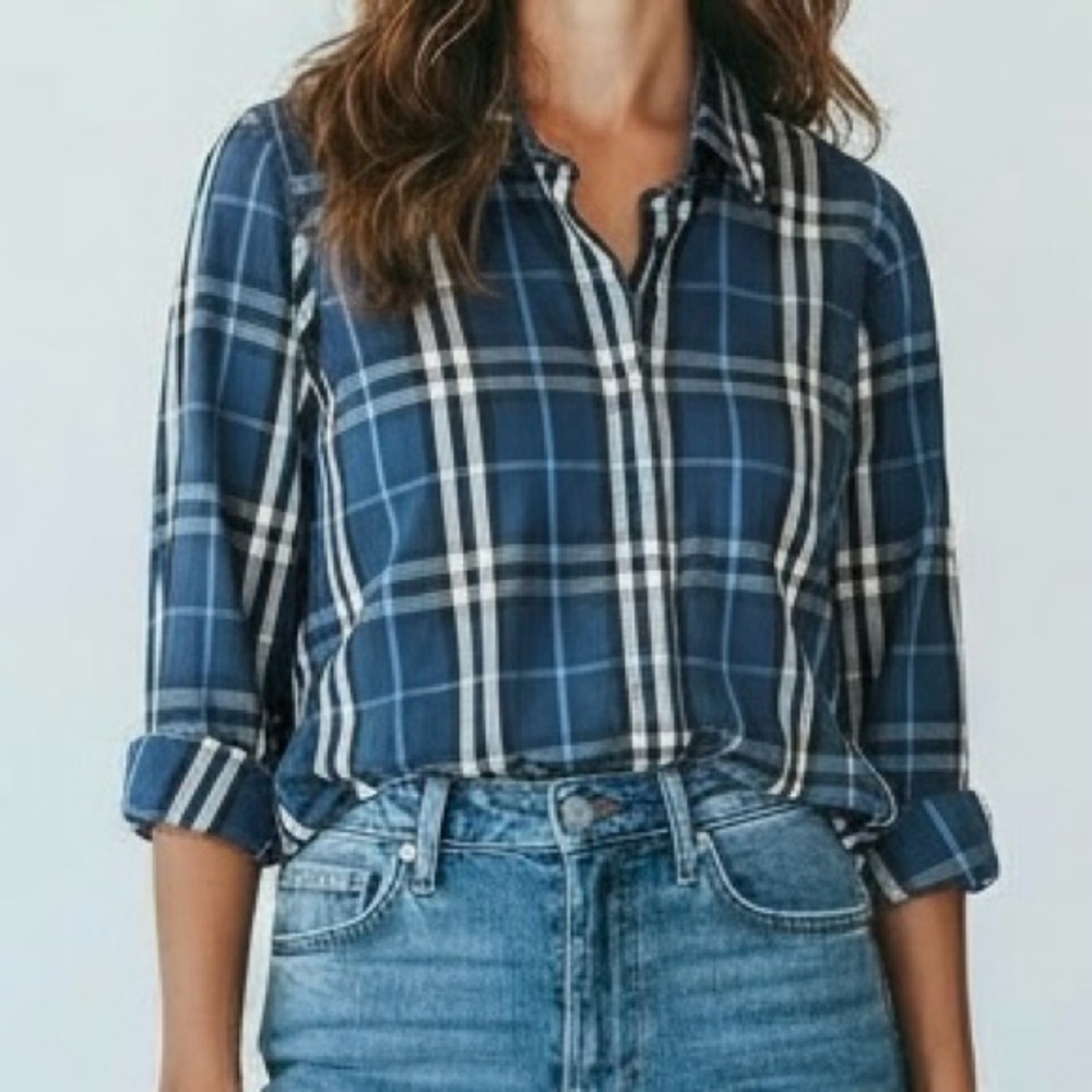 Boho Chic Blue Plaid Button Down Shirt Hidden Placket 3/4 Sleeve Top